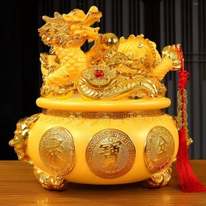 Tượng Rồng tọa hũ tiền vàng + tiền ngũ đế MN070